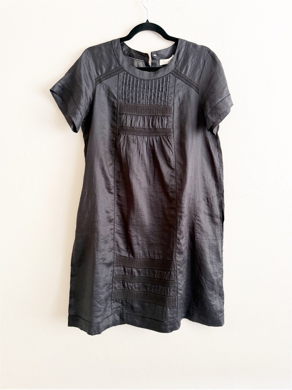 Lee Mathews Black Short-Sleeve Shift linen Dress size 1 Small
